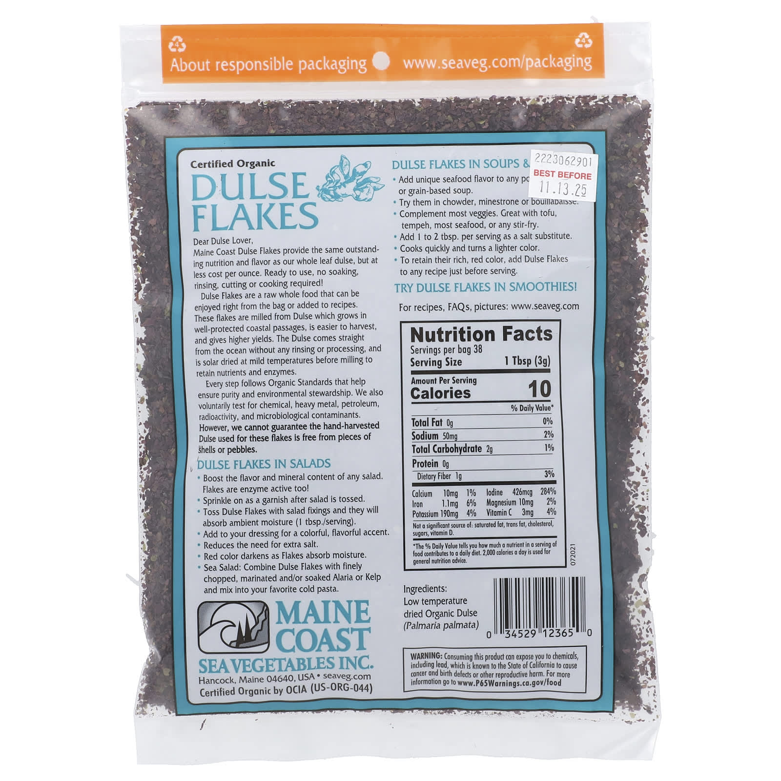 Maine Coast Sea Vegetables, Dulse Flakes, 4 oz (113 g)