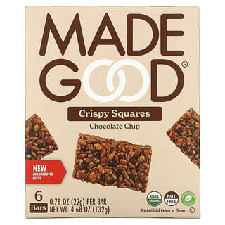 MadeGood, Crispy Squares, Chocolate Chip, 6 Bars, 0.78 oz (22 g) Each