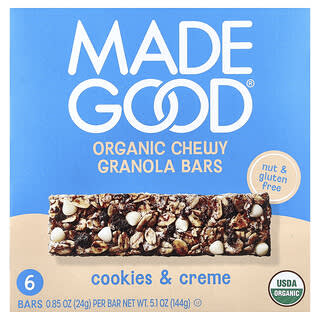 MadeGood, Organic Chews Granola Bars, Cookies & Crème, 6 Bars, 0.85 oz (24 g) Each