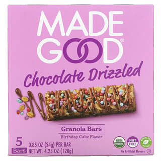 MadeGood, Barras de granola, Chocolate rociado, Pastel de cumpleaños`` 5 barras, 24 g (0,85 oz) cada una
