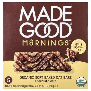 MadeGood, Mornings™, Organic Soft Baked Oat Bars, Chocolate Chip, 5 Bars, 1.06 oz (30 g) Each