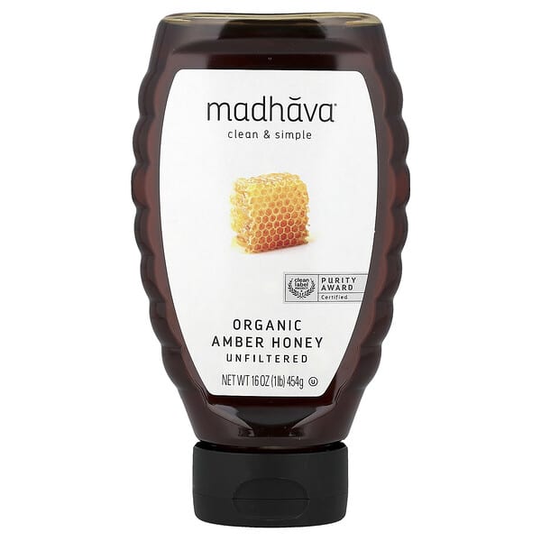 Madhava, 유기농 앰버 꿀, 비여과 원액, 454g(16oz)