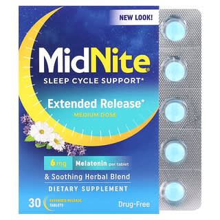 MidNite‏, תמיכה במחזור שינה, מינון בינוני, 6 מ"ג, 30 טבליות בשחרור מורחב