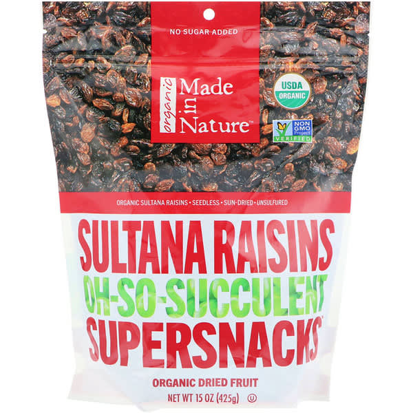 Made in Nature, オーガニックスルタナレーズン、Oh-So-Succulent Supersnacks、15 oz (425 g)
