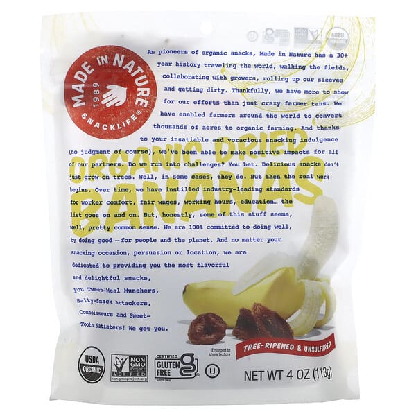 Made in Nature, Plátano orgánico deshidratado, Producto madurado en la planta y sin azufre, 113 g (4 oz)