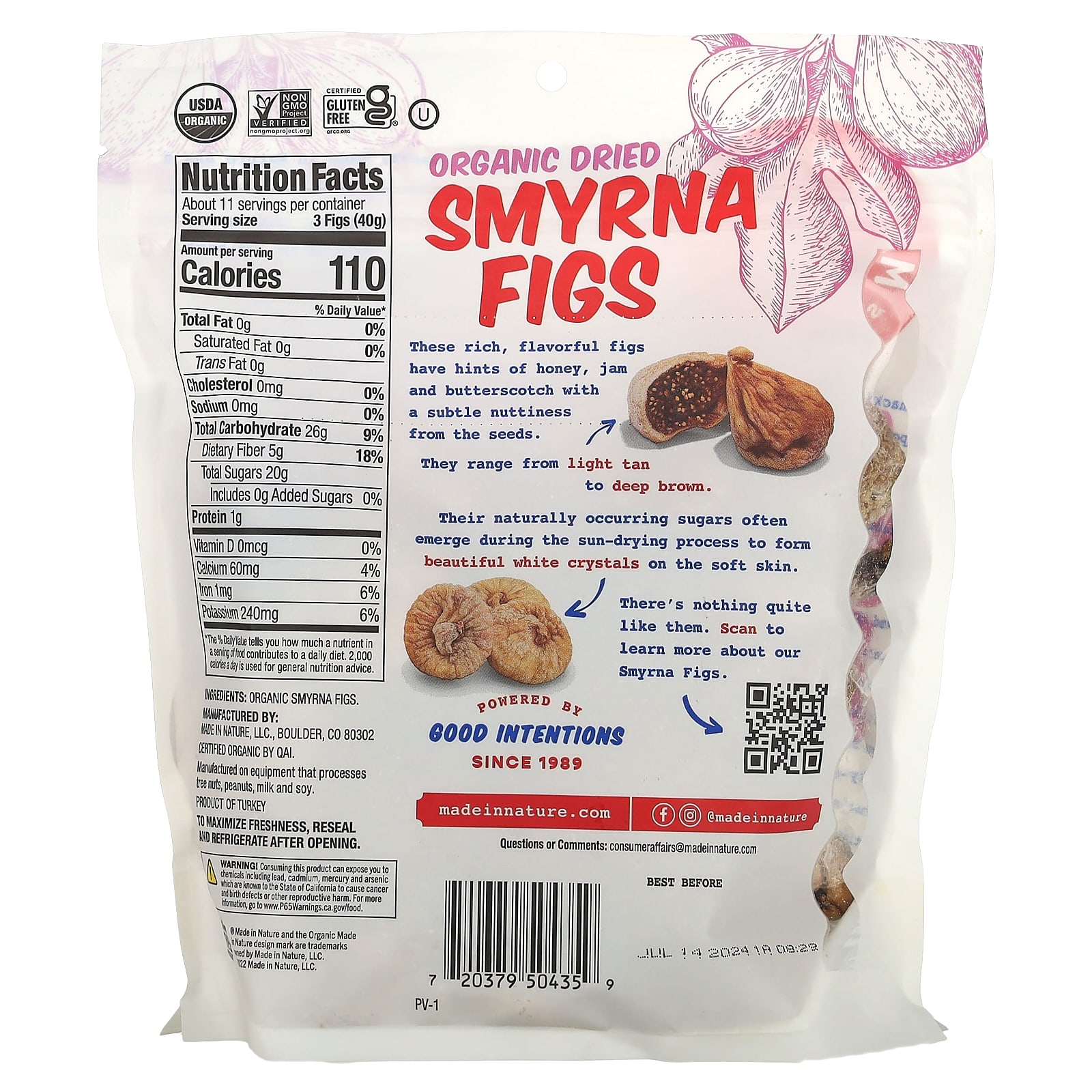 Made in Nature, Organic Dried Smyrna Figs, SunDried, Unsulfured, 1 lb