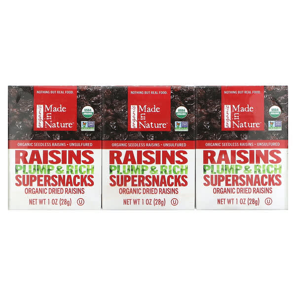 Made in Nature, Organic Dried Raisins, Plump & Rich Supersnacks, getrocknete Bio-Rosinen, weicher und reichhaltiger Supersnack, 6er-Pack, 28 g (1 oz.)