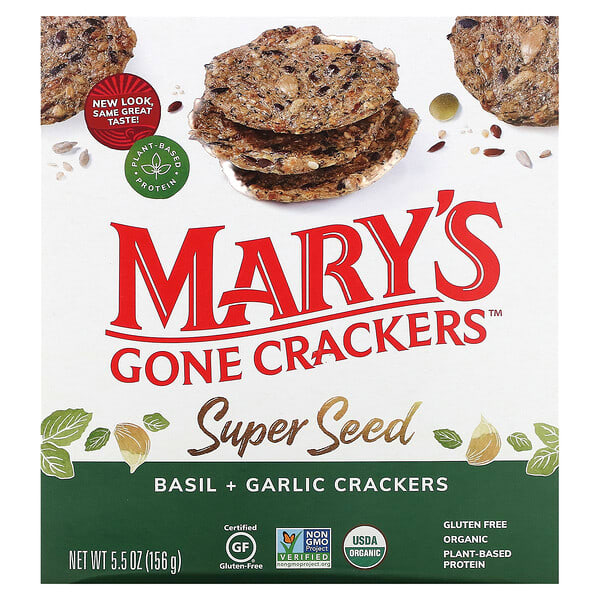 Mary's Gone Crackers, 超級種子餅乾，羅勒 + 大蒜味，5.5 盎司（156 克）