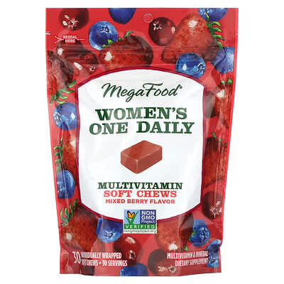 MegaFood, Women's Daily Multivitamin, Assorted Berry Flavor, 30 Individually Wrapped Soft Chewable Tablets