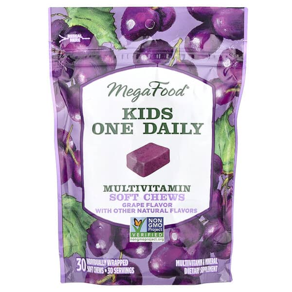 MegaFood Kids One Daily, Multivitamin Soft Chews, Grape, 30 Individually Wrapped Soft Chews