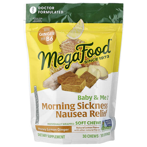 MegaFood, Baby & Me2®（ベビー＆ミー2）、Morning Sickness Nausea Relief、ハニーレモンジンジャー、チュアブルサプリメント30粒