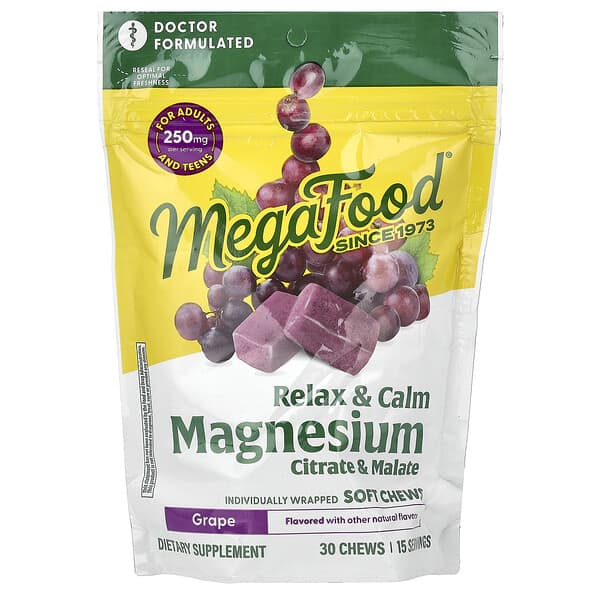 MegaFood, 마그네슘, 시트레이트 및 말레이트, 포도맛, 개별 포장된 소프트츄 30개(츄 1개당 125mg)