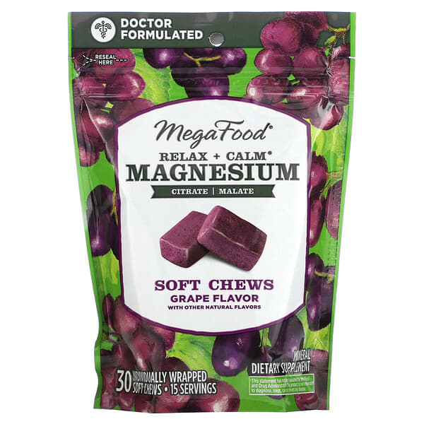 MegaFood, 放鬆 + 鎮定的鎂軟咀嚼片，葡萄，30 片獨立包裝軟咀嚼片