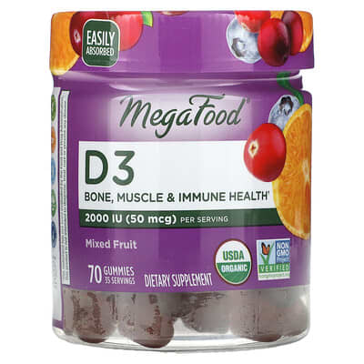 MegaFood, D3, Fruit Mix, 50 mcg (2000 IU), 70 gummies (25 mcg (1000 IU) each gummy)