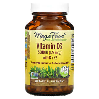 MegaFood, витамин D3 с витаминами K и K2, 5000 МЕ (125 мкг), 120 капсул