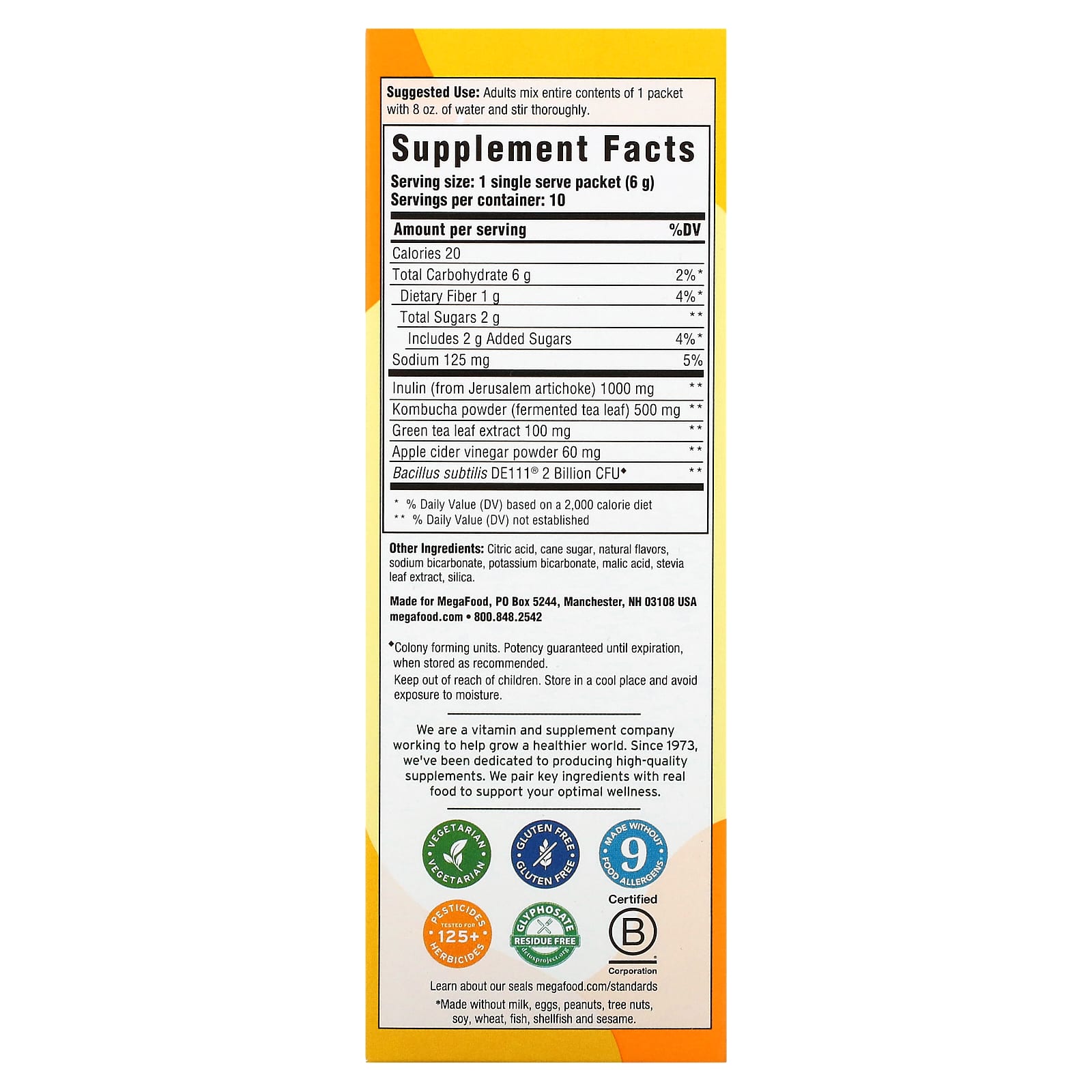 MegaFood, Digestive Health, Water Enhancer, Lemon Ginger Kombucha, 10