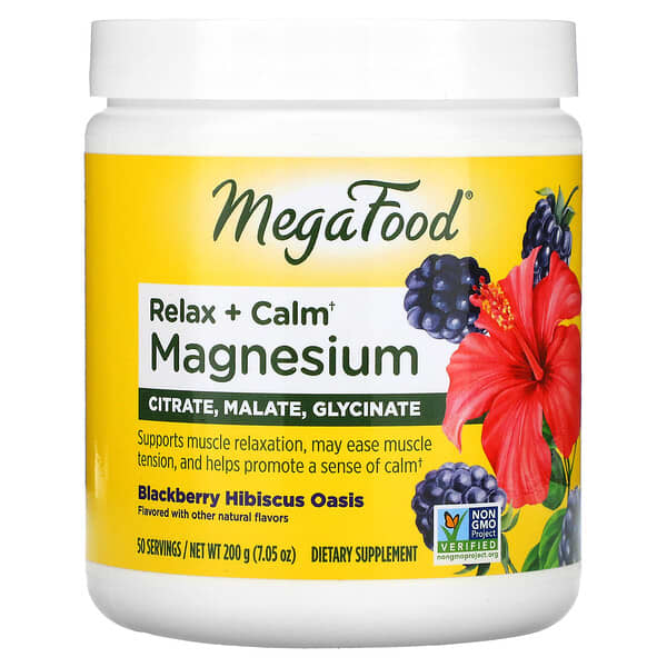 MegaFood‏, Relax + Calm Magnesium, Blackberry Hibiscus Oasis, 7.05 oz (200 g)