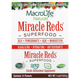 Macrolife Naturals, Miracle Reds, Superalimento, Goji, granada, asaí, mangostán, 12 sobres, 9,5 g (0,3 oz) cada uno