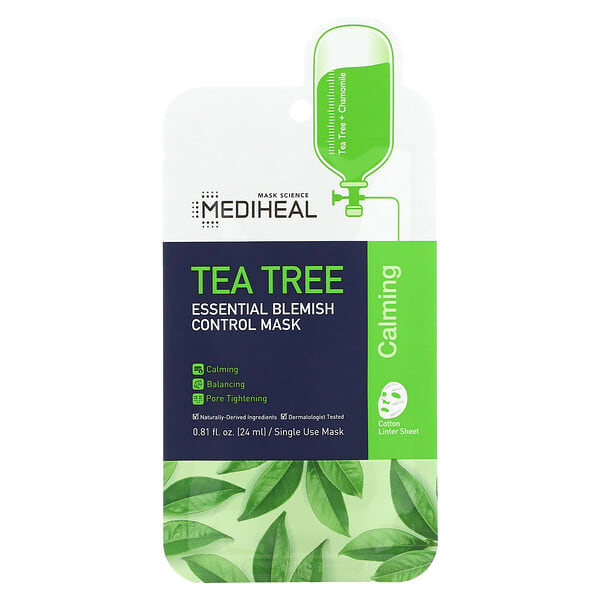 Mediheal‏, Tea Tree, מסכת יופי חיונית לצמצום פגמי עור, ‏5 מסיכות, 24 מ"ל כל אחת