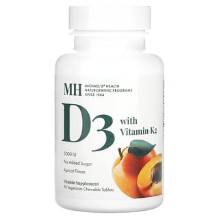 Michael's Naturopathic, Vitamina D3 com Vitamina K2, Damasco, 5.000 UI, 90 Comprimidos Mastigáveis Vegetarianos