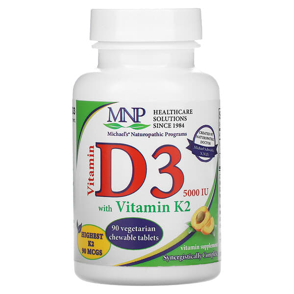 Michael's Naturopathic‏, ויטמין D3 עם ויטמין K2, בטעם משמש, 5,000 יחב"ל, 90 טבליות צמחיות לעיסות