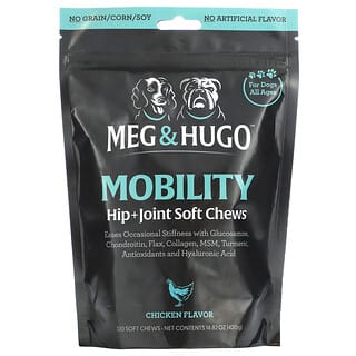 Meg & Hugo, Mobility, Bocadillos masticables blandos para las caderas y las articulaciones, Para perros de todas las edades, Pollo, 120 bocadillos masticables blandos, 420 g (14,82)