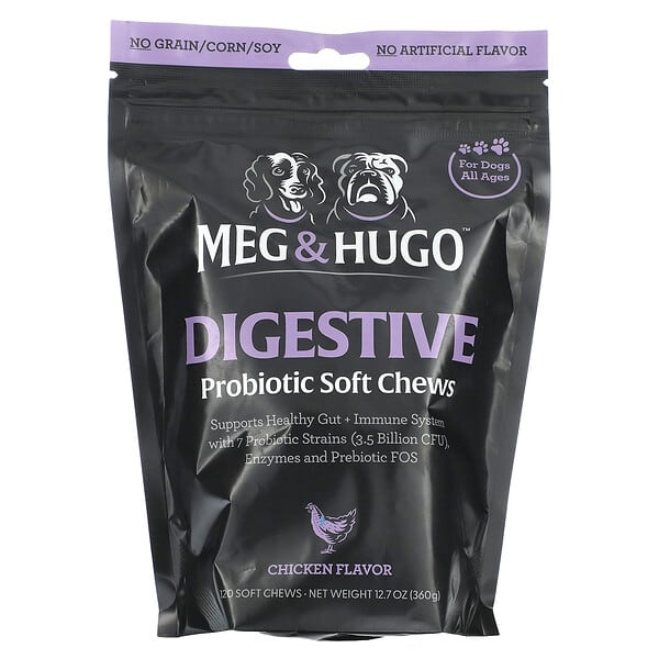 Meg &amp; Hugo, Digestive, Probiotic Soft Chews, For Dogs, All Ages, Chicken, 120 Soft Chews, 12.7 oz (360 g)