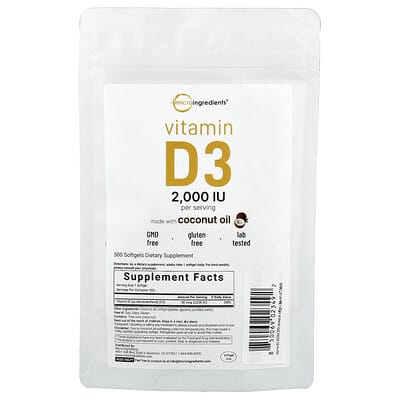 Micro Ingredients, Vitamin D3 Softgels, 2000 IU, 500 Capsules