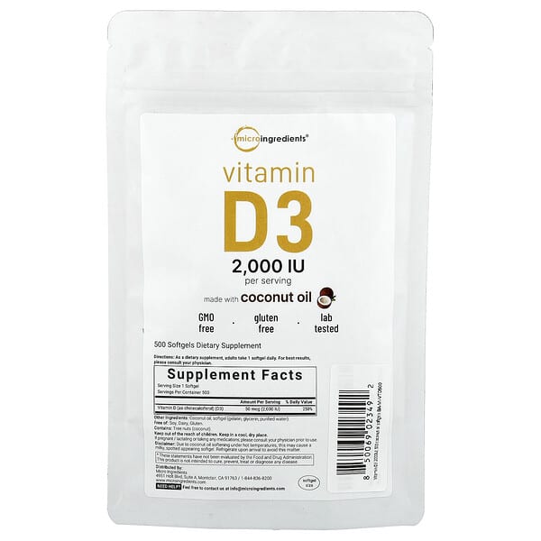Vitamin D3, 2000 IU, 500 Softgels
