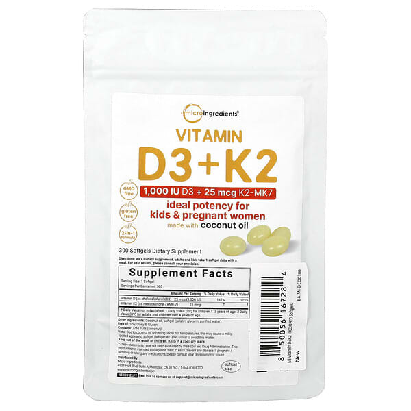 Micro Ingredients, Vitamine D3 + K2, 300 softgels