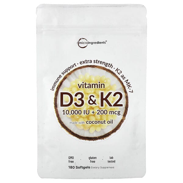 Micro Ingredients, 비타민D3 & K2, 소프트젤 180정