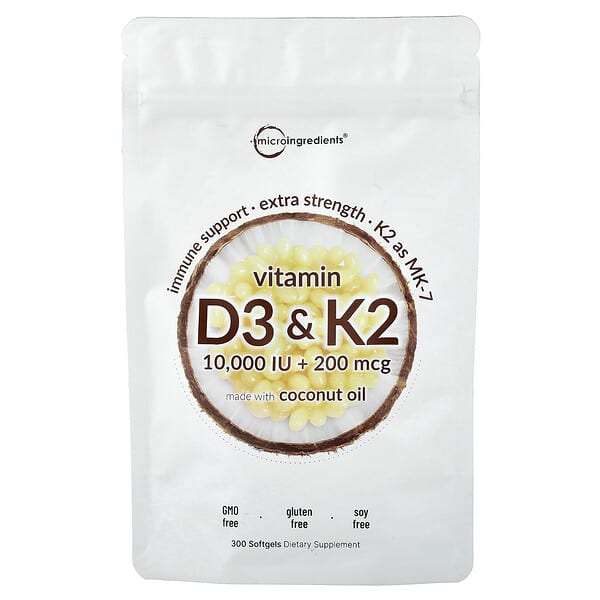 Micro Ingredients, Vitaminas D3 y K2, 300 cápsulas blandas