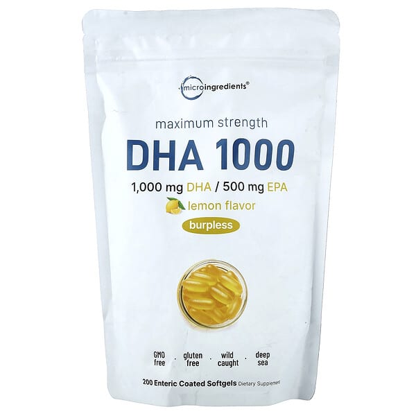 Micro Ingredients, DHA 1000, 레몬, 장용성 소프트젤 200정