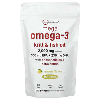 Micro Ingredients, Mega Omega-3, криль и рыбий жир с фосфолипидами и астаксантином, лимон, 240 капсул