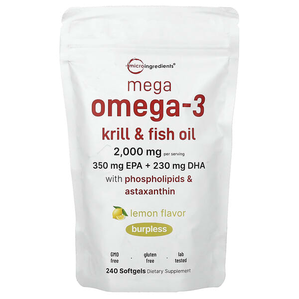 Micro Ingredients, Mega Omega-3 Krill & Fish Oil With Phospholipids & Astaxanthin, Lemon, 240 Capsules