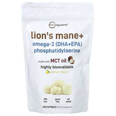 Micro Ingredients, Hericium + Omega-3 (DHA+EPA) Phosphatidylserine, Lemon Flavor, 240 Softgels