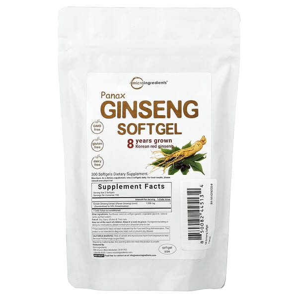Micro Ingredients, 인삼 소프트젤, 소프트젤 300정(소프트젤 1정당 750mg)