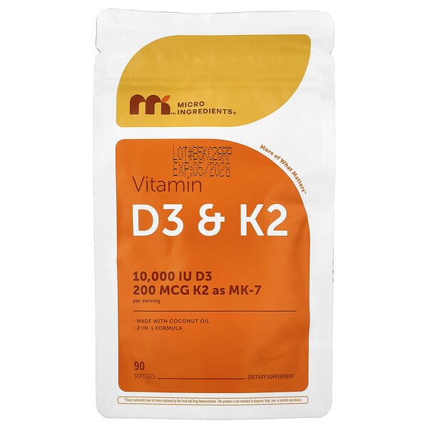 Micro Ingredients, Vitamin D3 & K2, 90 Kapsul Lembut