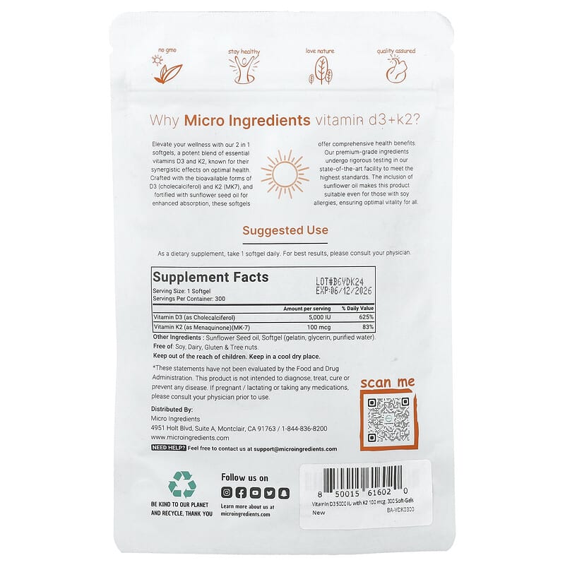 Micro Ingredients, Vitamin D3 + K2, 300 Softgels