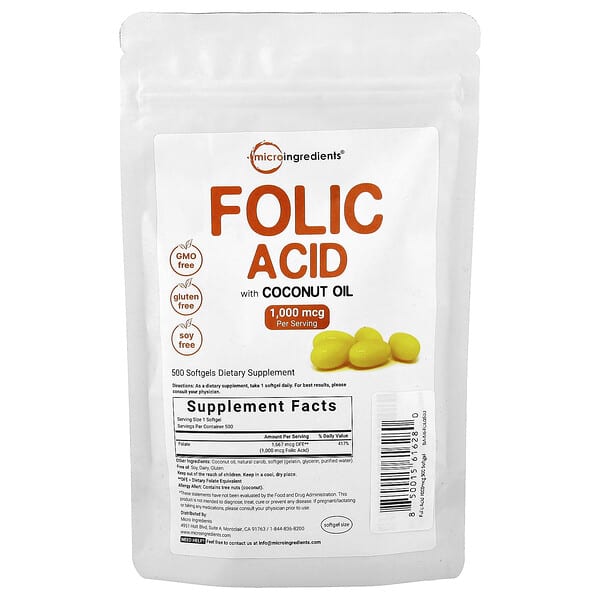 Folic Acid, 1,000 mcg, 500 Softgels