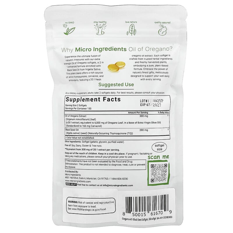 Oil of Oregano with Black Seed Oil, 300 Softgels