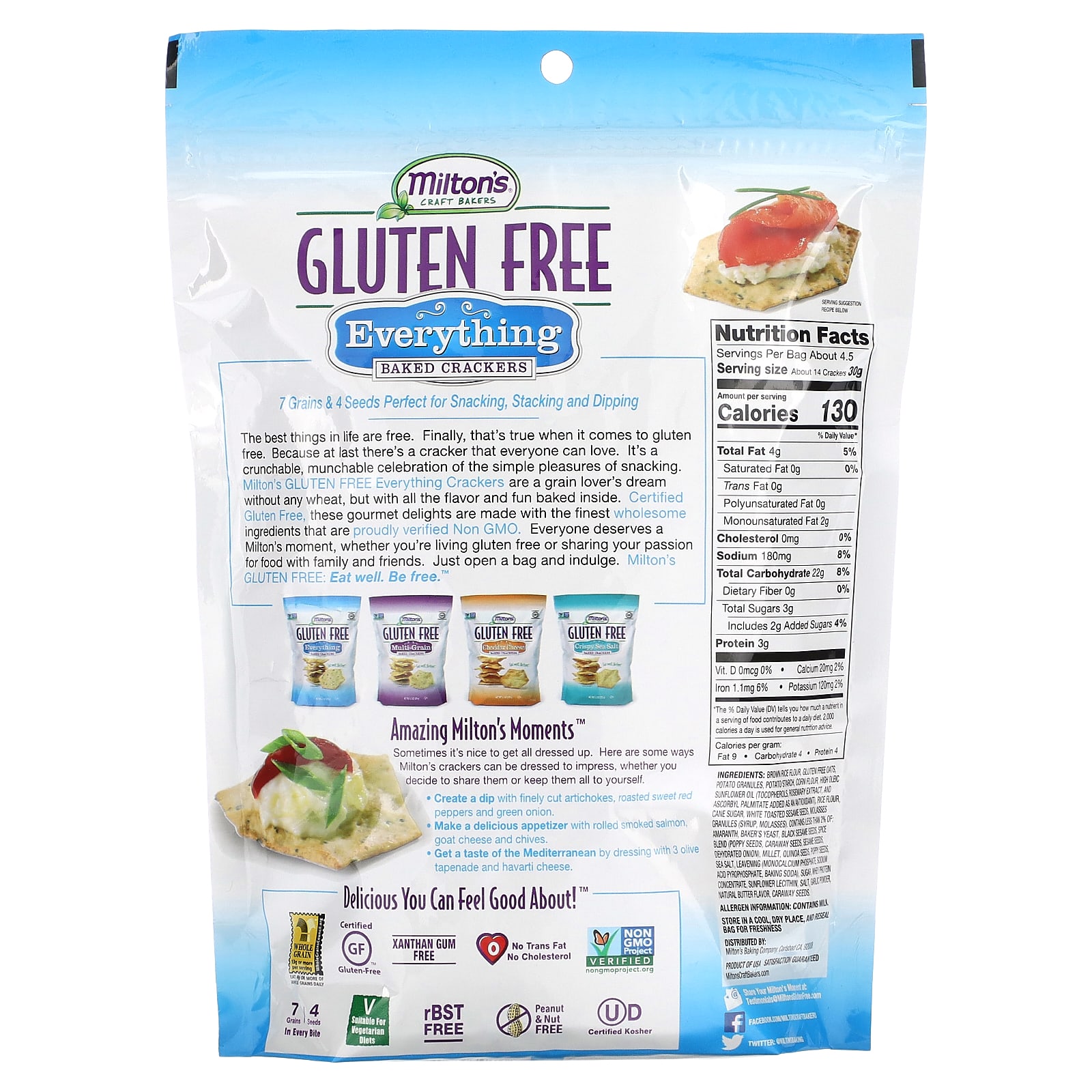 Milton's Craft Bakers, Gluten Free Baked Crackers, Everything, 4.5 oz