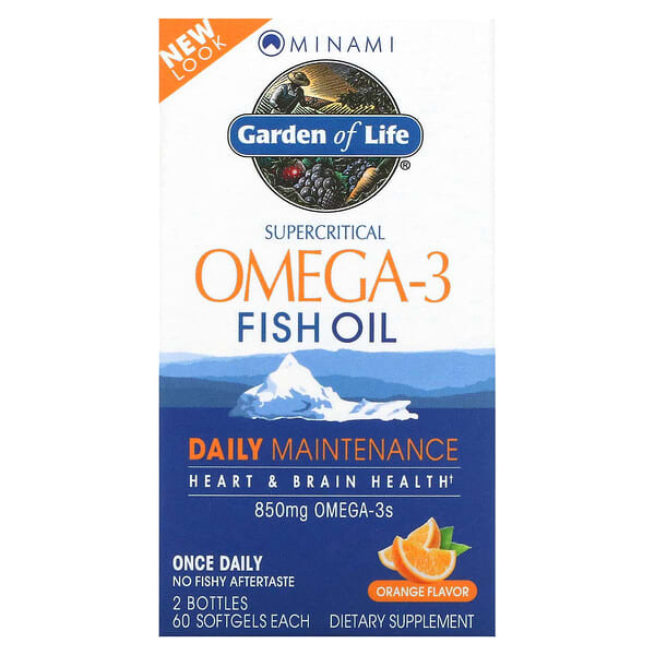 Minami Nutrition, aceite de pescado Omega-3 supercrítico Minami, sabor naranja, 850 mg, 2 botellas, 60 cápsulas suaves