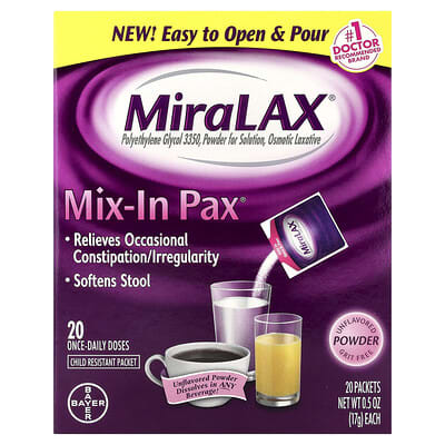MiraLAX, Mix-In Pax®, Gritless, Original, 20 Packets, 0.5 oz (17 g) Each