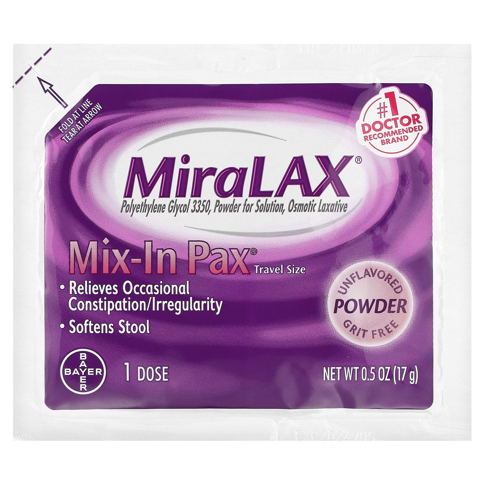 MiraLAX, MixIn Pack, Grit Free , Unflavored, 20 Packets 0.5 oz (17 g) Each