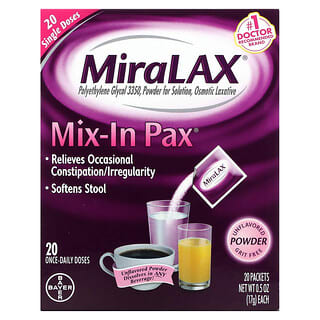 MiraLAX‏, אריזת Mix-In, ללא גרגירים, ללא טעם, 20 שקיות 17 גרם (0.5 אונקיות) כל אחת