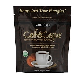 Madre Labs, CafeCeps, Certified Organic Instant Coffee with Cordyceps and Reishi Mushroom Powder, 3.52 oz (100 g)