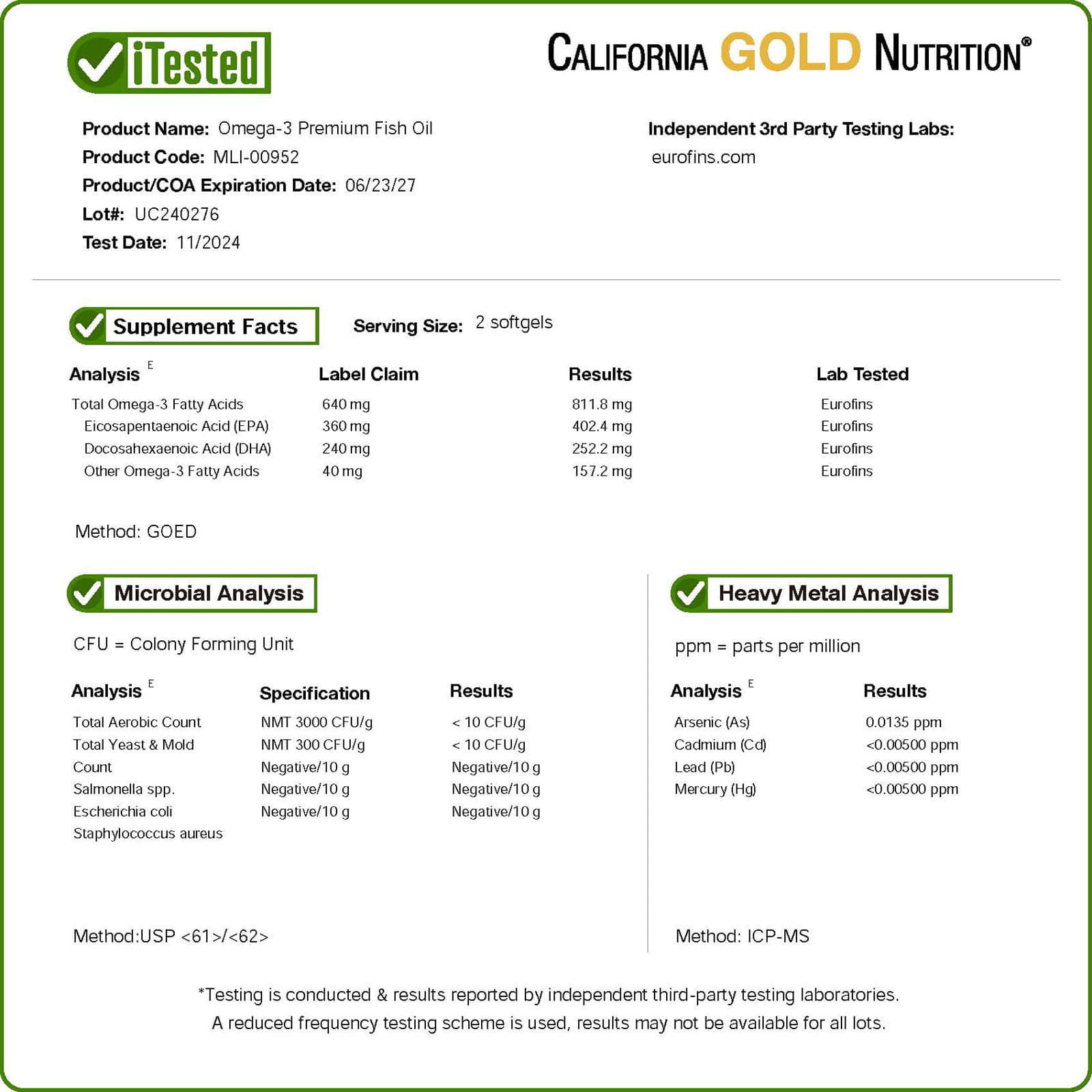 California Gold Nutrition, Omega-3 優質魚油，100 粒魚明膠軟膠囊（每粒 1,100 毫克）