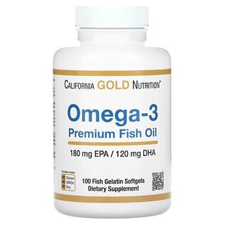 California Gold Nutrition, Oméga-3, Huile de poisson premium, 180 acide eicosapentaénoïque/120 DHA (acide docosahexaénoïque), 100 capsules à enveloppe molle à base de gélatine de poisson