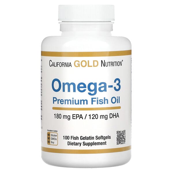 California Gold Nutrition（カリフォルニアゴールドニュートリション）, オメガ3プレミアムフィッシュオイル、180EPA（エイコサペンタエン酸）／120DHA（ドコサヘキサエン酸）、魚ゼラチンソフトジェル100粒